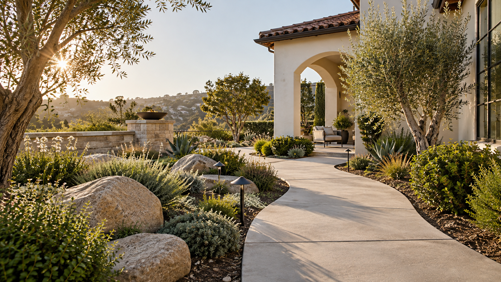 Finished landscaping and curved concrete walkway in a Perris-area outdoor space
